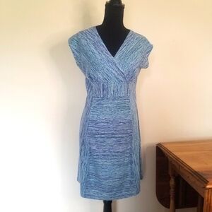 Royal Robbins Knit Dress Blue Green Stripes Cap Sleeves Crossover Bodice Travel